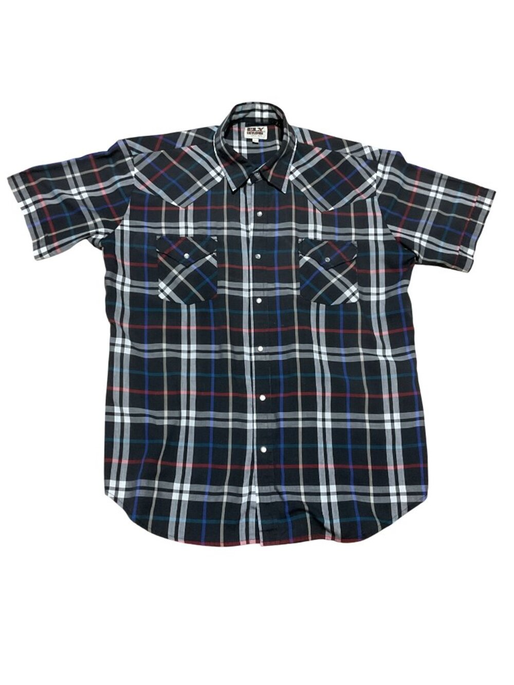 Ely Cattleman Western Shirt XL Black White Plaid Pearl Snap Short Sleeve Mens